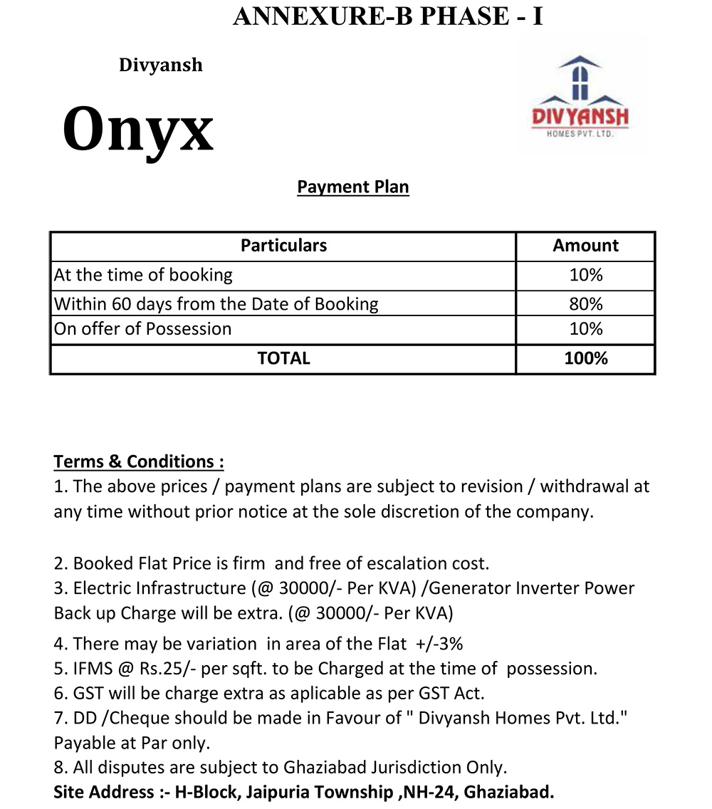 Divyansh Onyx Flats Payment Plan