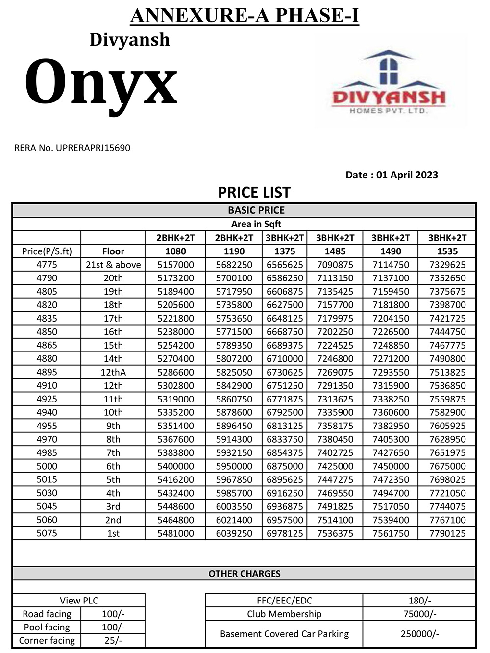 Divyansh Onyx Price List