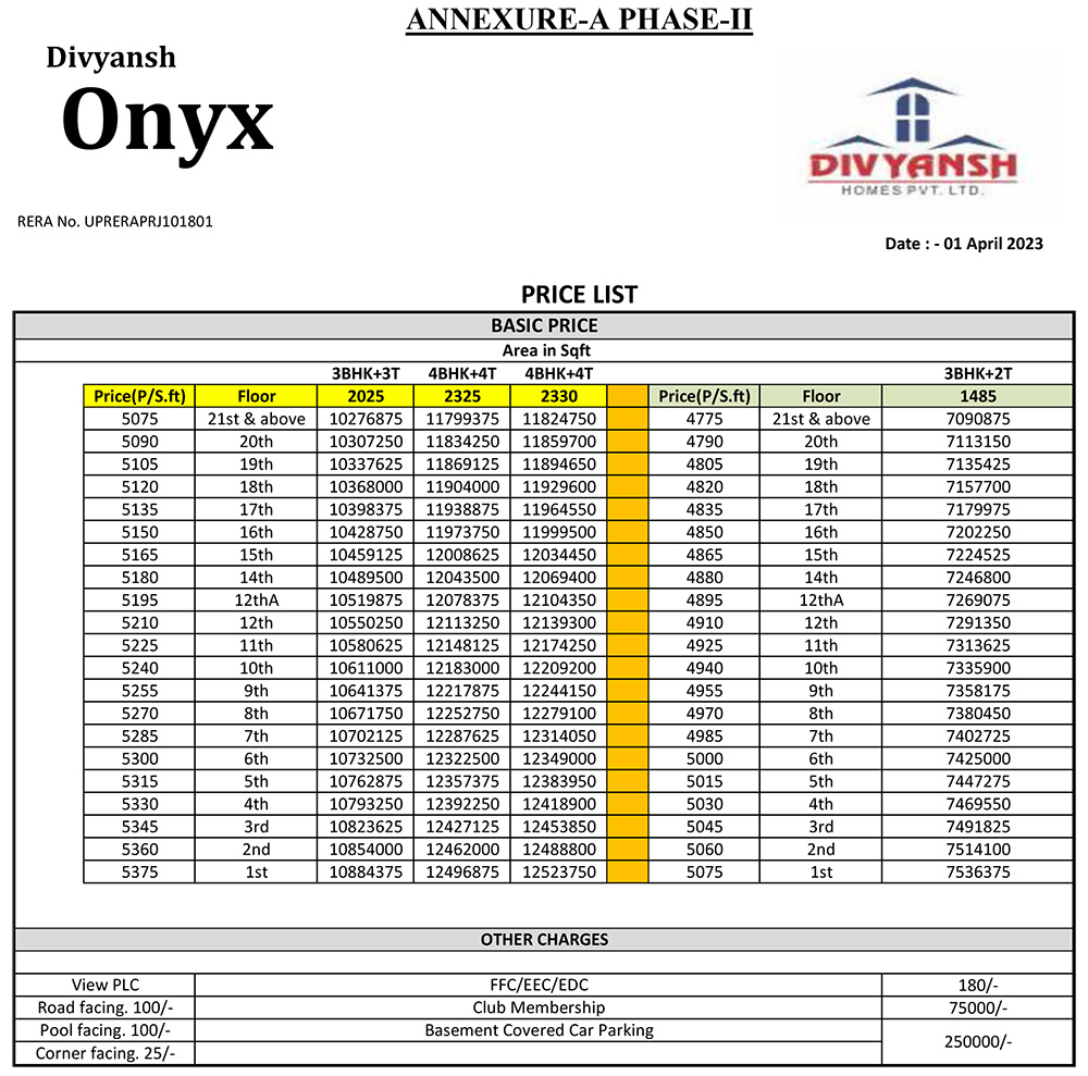 Divyansh Onyx Ghaziabad Price List